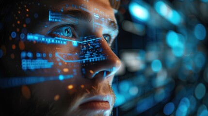 Man being scanned by futuristic hologram technology	
