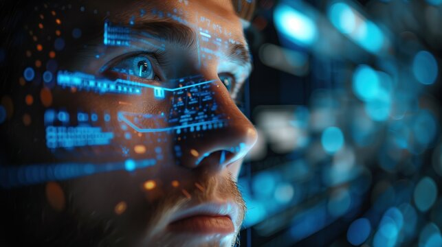 Man being scanned by futuristic hologram technology	
