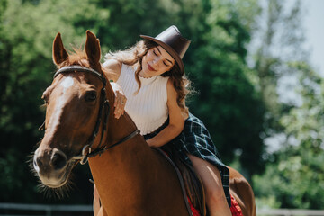 Young woman enjoying a leisurely horseback ride outdoors on a sunny day, highlighting equestrian...