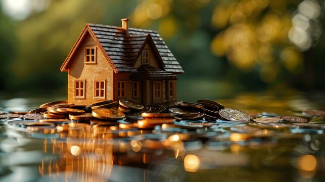 Miniature House Amidst Coins on Reflective Surface