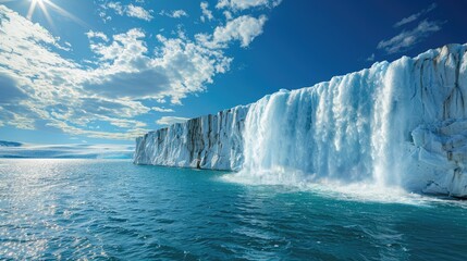 Melting Glacier A melting glacier, with water cascading down its face, symbolizes the impact of climate change on polar regions, urging action to mitigate its effects