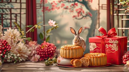 Mooncake & Festival A classic mooncake with a red gift box, a rabbit, and a hare set against a retro-style background Perfect for the Mid-Autumn Festival, Chinese New Year, or a postcard