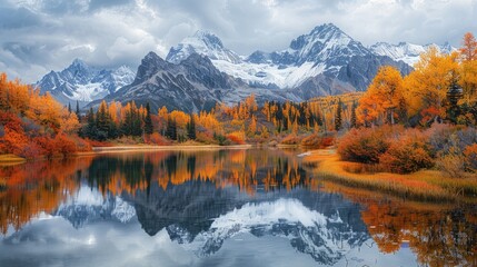 Mountain Lake Reflections A stunning mountain landscape, with a pristine lake reflecting autumn foliage, snow-capped peaks, and a colorful forest under a cloudy sky, showcasing the beauty of nature i - Powered by Adobe