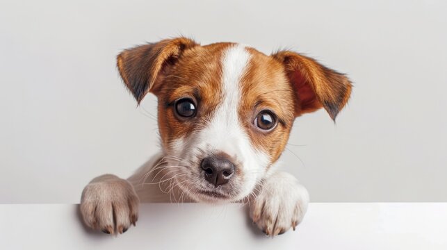 Jack Russell Terrier puppy gazes above blank white banner on white backdrop