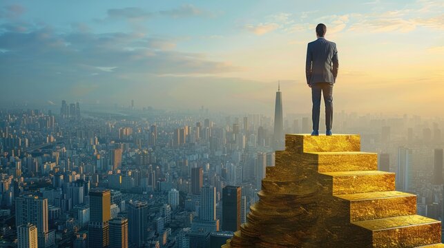 Triumphant Businessperson A triumphant businessperson stands atop a golden coin staircase, overlooking a cityscape, symbolizing success and ambition