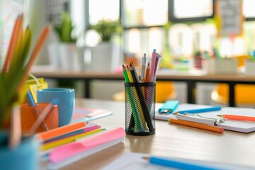 Close Up View Of Teacher Desk in Classroom Desktop.