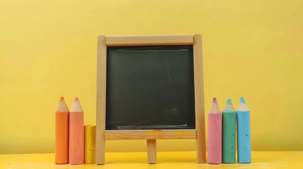 Education concept with small blackboard and vibrant chalks on yellow backdrop