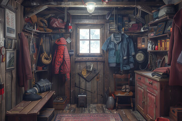 Cozy cabin in Aspen with minimalist design featuring wooden paneling textures, emphasizing simplicity and thoughtful details for a serene, clutter-free living environment. Ultra-realistic and photo re