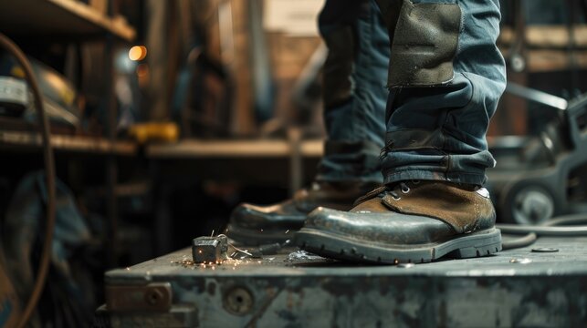 Close up of welding helmet and gaiters on metal workbench Viewer s perspective