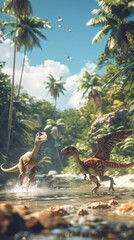 Dinosaurs in Lush Jungle Dramatic Scene with Tropical Trees, Raptors, Dense Greenery, Stream, Prehistoric Environment, High Quality, Hyper Realistic, Detailed Delight for Dinosaur Enthusiasts