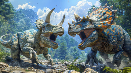 Fototapeta premium Epic Clash of Prehistoric Giants Two Battle Ready Triceratops Roaring in a Vibrant, Lush Forest Scene