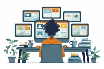 Illustration of a person managing multiple social media accounts on a computer, highlighting digital marketing and social media management
