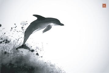 Minimalist ink painting with sumi-e dolphin and sea waves. Hieroglyph - eternity © elinacious