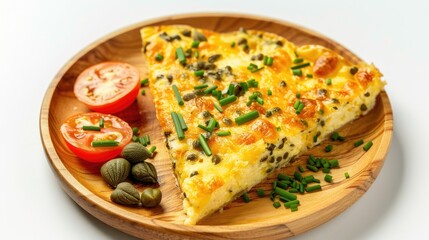 Cheese casserole triangle served on a wooden plate with tomatoes capers and chives on a white background