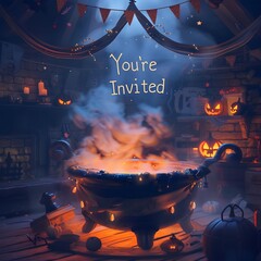 You're invited - Halloween party invitation with boiling cauldron and festive Halloween decorations.
