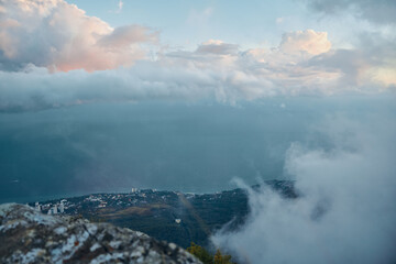 Scenic View of Ocean and Clouds from Mountain Top with Cloudy Sky, Travel Adventure and Nature Beauty Concept