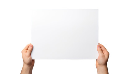 hands holding blank paper isolated on transparent white background, clipping path