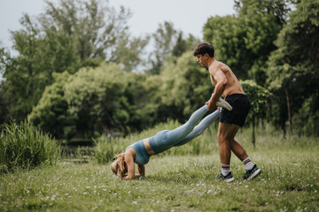 Fitness couple performing a wheelbarrow walk together in a park setting. Calisthenics workout outdoors, emphasizing strength and coordination.