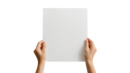 hands holding blank paper isolated on transparent white background, clipping path
