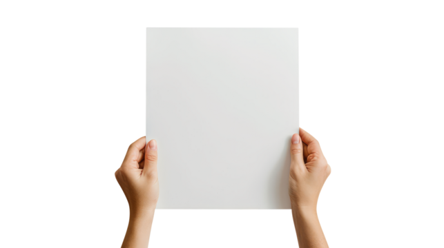 hands holding blank paper isolated on transparent white background, clipping path