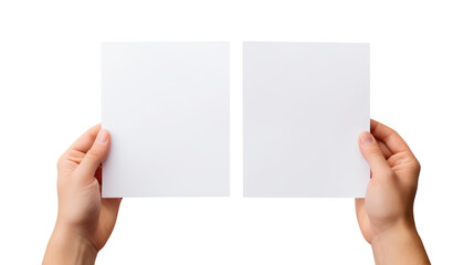 Obraz premium hands holding blank paper isolated on transparent white background, clipping path