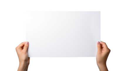 hands holding blank paper isolated on transparent white background, clipping path