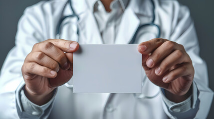 Fototapeta premium Healthcare professional in white coat holding a blank card, ideal for medical themes and health-related messages