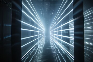 A long, dark hallway with white lines on the floor