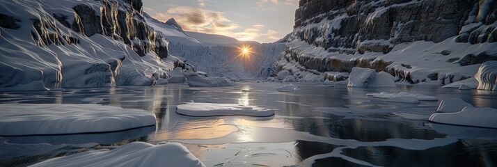 A scenic view of a frozen fjord in Antarctica, with the setting sun casting golden hues over the ice and water - Powered by Adobe