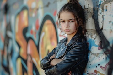 Naklejka premium Teenage girl in leather jacket with graffiti.