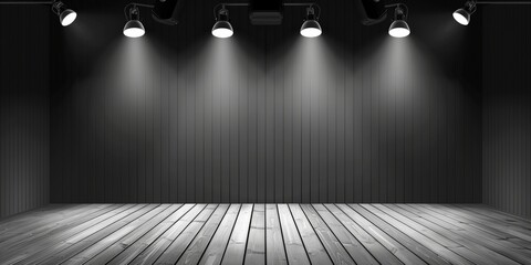 A dark stage with six spotlights illuminating a wooden floor