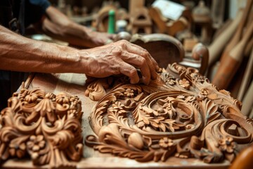 Close-up of hand-carved wood details.