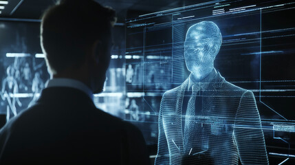 businessman using futuristic virtual AI technology 