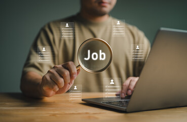 Job search, find your career, Job recruit employee, Human Resources HR management Recruitment Employment Headhunting, man use magnifier search and select job applicants in process, selecting people.