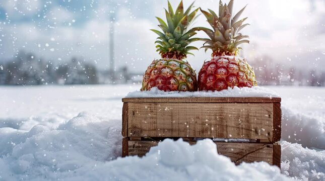 Exotic pineapple resting on a rustic wooden crate atop a snowy surface
 Seamless looping 4k time-lapse virtual video animation background. Generated AI