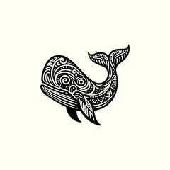 doodle tribal art style black outline of whale fish vector illustration