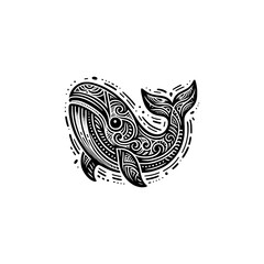 doodle tribal art style black outline of whale fish vector illustration