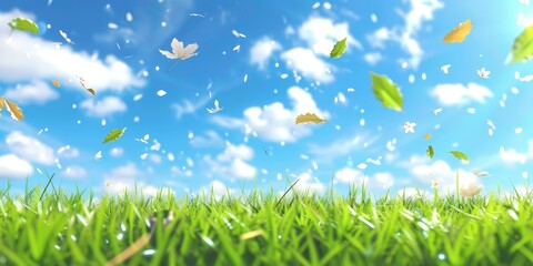Obraz premium A photo of green grass with falling leaves in a blue sky with white clouds