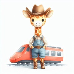A cute cartoon giraffe wearing a cowboy hat and overalls stands in front of a red train.