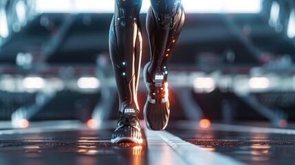 A close-up shot of powerful, sleek bionic legs propelling a cyborg athlete across a futuristic running track, blurring the lines between human and machine in competitive sports.