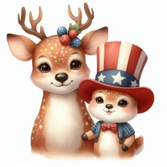 Cute cartoon deer and fawn wearing patriotic attire.  Perfect for 4th of July or Independence Day celebrations.