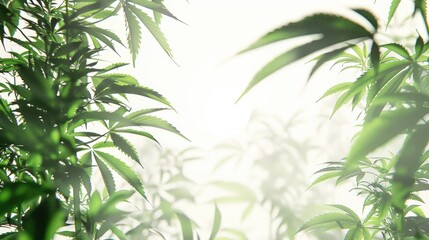 Thickets of marijuana plants illuminated in bright light on a plain white backdrop