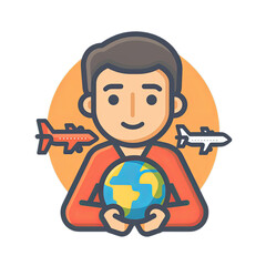 Man with globe and airplane icon representing a traveler