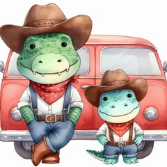 Fototapeta premium Two cartoon alligators wearing cowboy hats and clothing, standing in front of a red van.