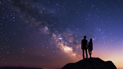 Fototapeta premium 星空を見つめるカップルと天の川