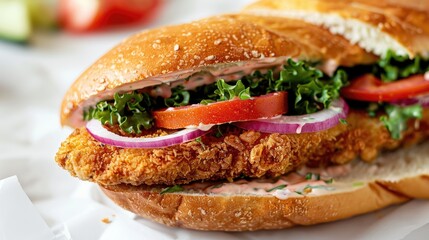 Breaded cutlet sandwich on a white background
