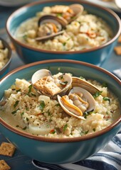 Creamy and Hearty Seafood Chowder with Fresh Clams in Blue Bowls, Garnished with Herbs, Perfect Comfort Food for a Cold Day