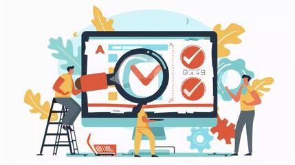 Obraz premium Quality Assurance QA Quality control, Best standard, product satisfaction. Inspection for errors or faults. Software testing. Very attractive flat cartoon vector