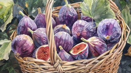 A watercolor depicting a wicker basket overflowing with freshly picked figs, showcasing the joy of a bountiful harvest.