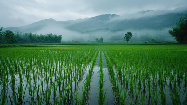Rice Field Appears Lovely in the Rainy Season